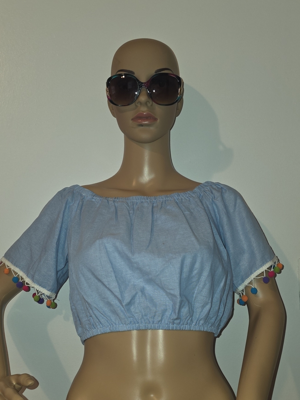 iris Light Blue Off-the-Shoulder Crop Top with Multicolor Pom Trim